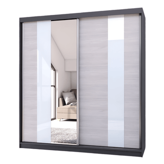 The CHOICEWARDROBE Monaro 203cm Sliding Wardrobe features a graphite grey frame, two mirrored doors, and gloss white and light oak panels—ideal for modern bedrooms seeking stylish reflection and ample storage.