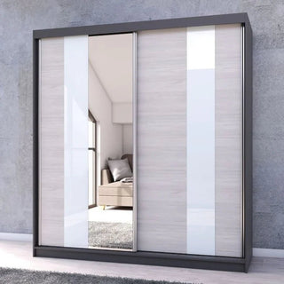 The CHOICEWARDROBE Monaro 203cm Sliding Wardrobe, featuring a graphite grey frame, mirror 2 doors, and gloss white & light oak panels, adds a modern touch and completes any bedroom setup.