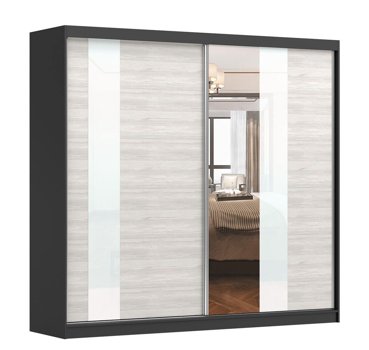 CHOICEWARDROBE Monaro 203cm 2-door sliding wardrobe: matt black frame, gloss white & light oak panels, mirrored door.