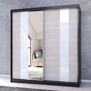 ChoiceWardrobe Monaro sliding wardrobe angled view showing mirror reflection and contrasting matt black frame with white and oak panels for a contemporary interior.