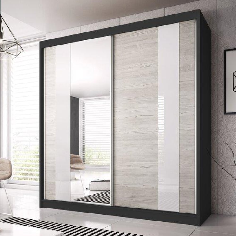 ChoiceWardrobe Monaro 2 door sliding wardrobe with mirror, gloss white and light oak panels, matt black frame