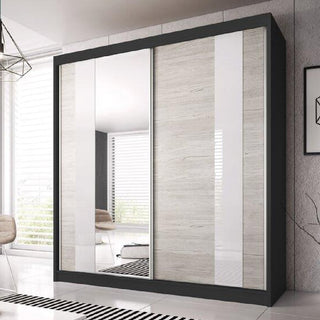 ChoiceWardrobe Monaro 233 cm sliding wardrobe with matt black frame, mirror doors and gloss white with light oak panels – modern luxury bedroom storage solution UK.