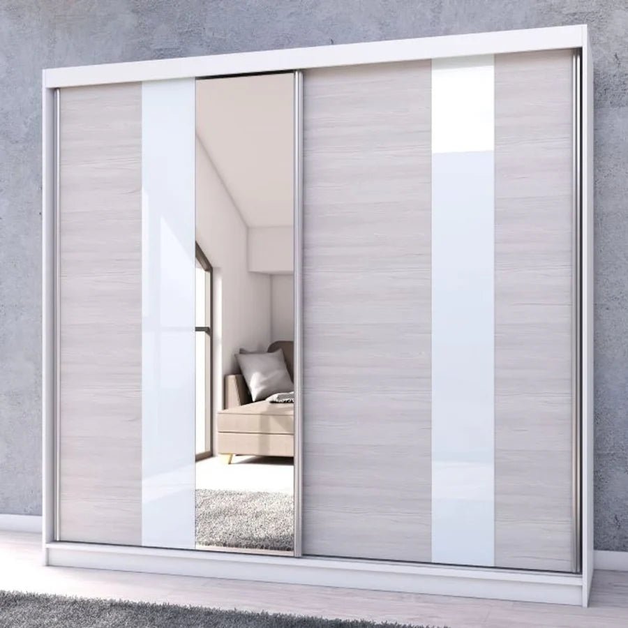 CHOICEWARDROBE Monaro 233cm sliding wardrobe with gloss white, light oak panels and mirrored door.
