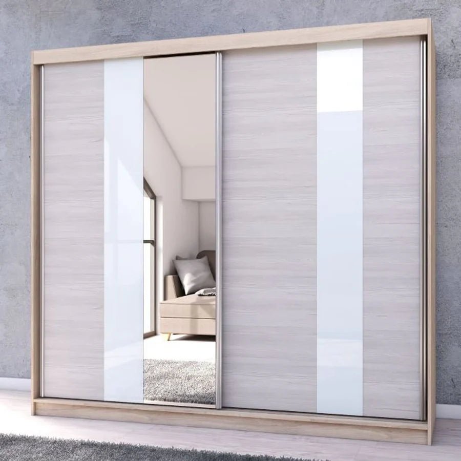 CHOICEWARDROBE Monaro 233cm sliding wardrobe: Sonoma Oak frame, mirrored door, gloss white & light oak panels.