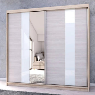 The CHOICEWARDROBE Monaro 233cm Sliding Wardrobe features a Sonoma Oak frame, a mirrored door, and gloss white and light oak panels, reflecting a modern minimal bedroom as it stands against a gray wall.