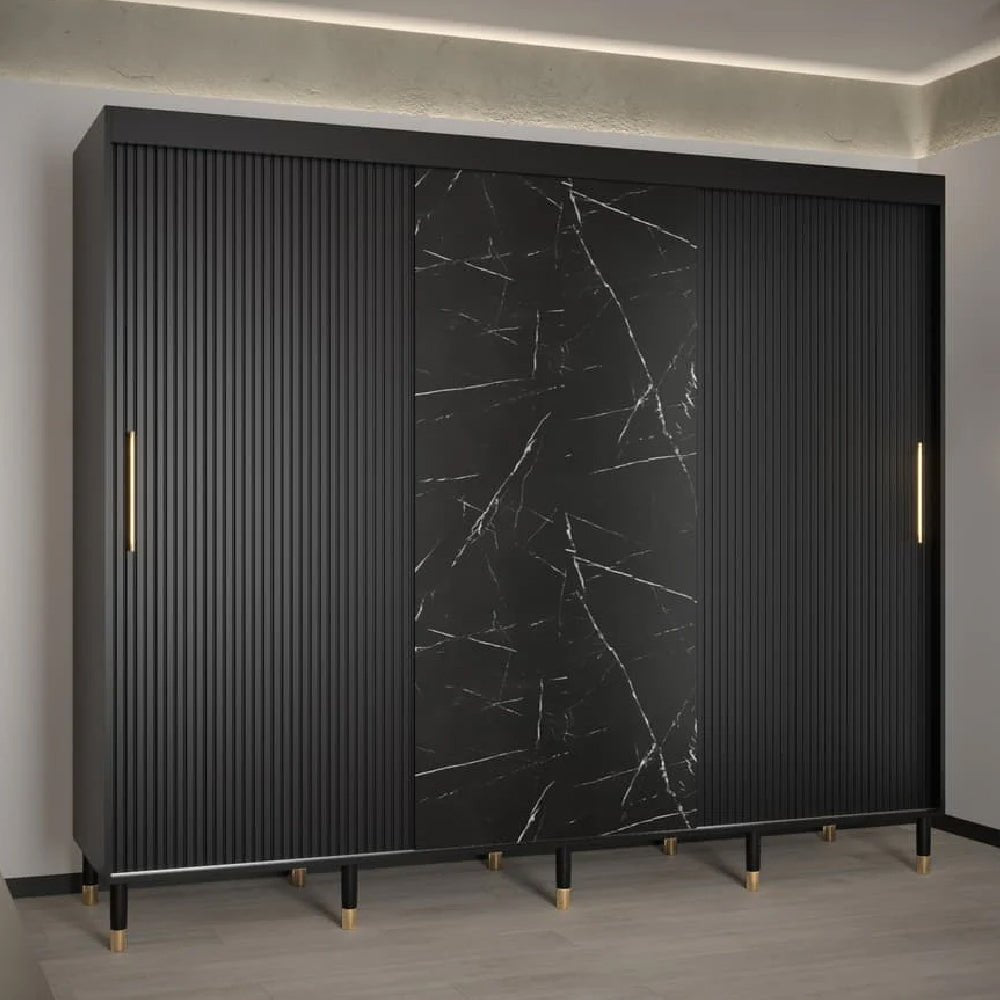 ChoiceWardrobe Montaro 250cm 3-door sliding wardrobe with black marble effect, ribbed panels, and gold handles.
