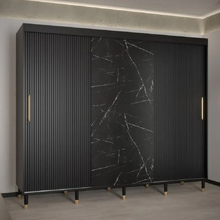 ChoiceWardrobe Montaro 250 cm 3 Door Sliding Wardrobe featuring black marble effect doors, ribbed panels, and gold handles – luxury modern bedroom design.