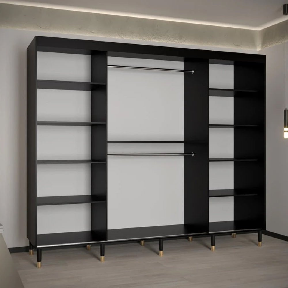 Montaro 250cm black sliding wardrobe interior with shelves and hanging rails