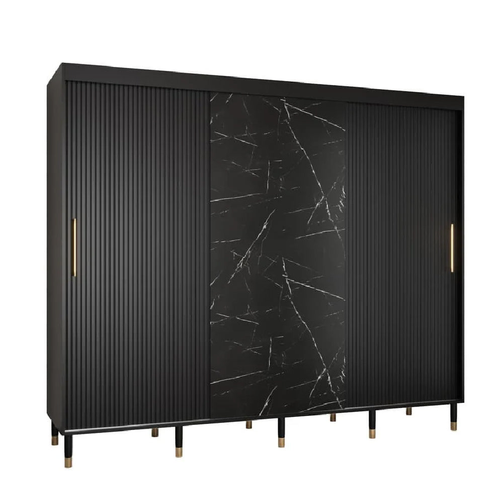 CHOICEWARDROBE Montaro 3-door sliding wardrobe, black marble effect with ribbed panels & gold handles