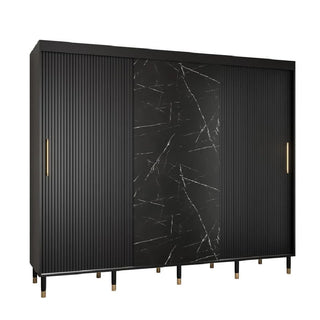 Angled side view of ChoiceWardrobe Montaro black marble effect wardrobe with gold handles – sleek luxury design for contemporary interiors.
