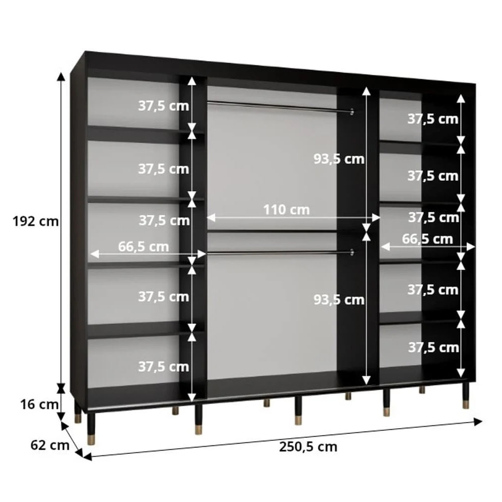 Dimensioned layout of 250 cm wide sliding wardrobe showing 192 cm height and internal shelves