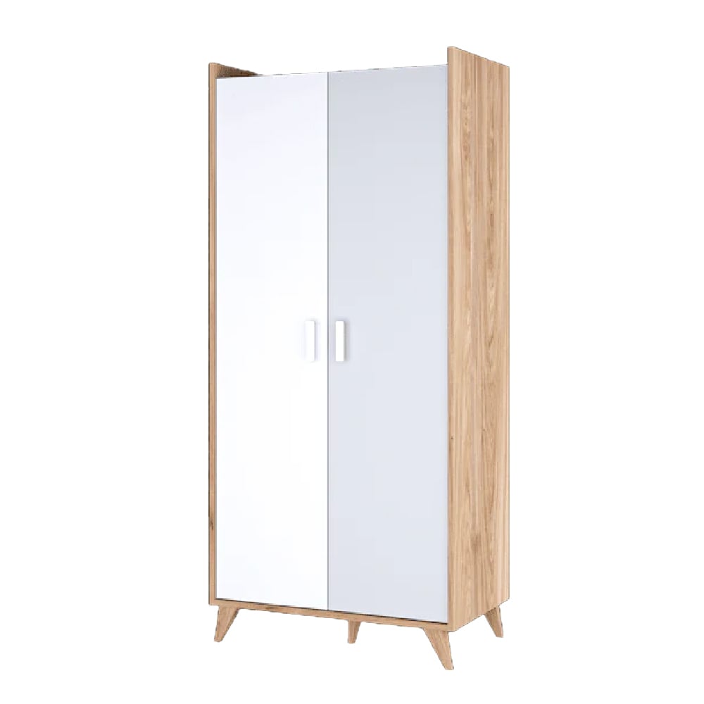 CHOICEWARDROBE Muncie 2 door hinged wardrobe, white and oak effect with tapered legs.