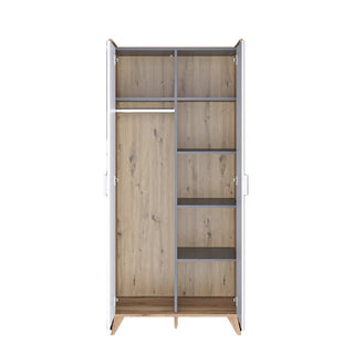 The CHOICEWARDROBE Muncie 2 Door Wardrobe in white & oak effect features Scandinavian style with tapered legs, a hanging rod and space for clothes on the left, five shelves on the right, perfectly suited for modern bedrooms. 85cm wide.