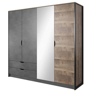 The CHOICEWARDROBE Nadir Grande Oak & Concrete features a modern industrial design with 3 sliding doors, mirrored panels, built-in drawers, wood-textured and concrete grey finishes, and clean lines for a sleek look.