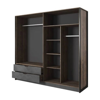 The CHOICEWARDROBE Nadir Grande Oak & Concrete Mirrored Wardrobe is a modern 3-door sliding wardrobe with drawers, featuring a dark finish and multiple compartments for organized storage.