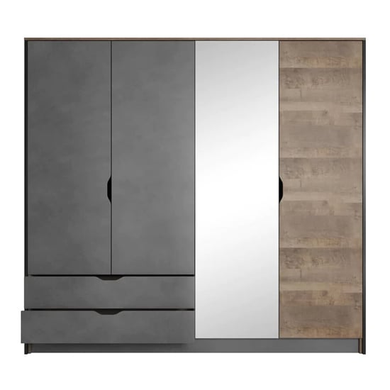 Wardrobe: 2 concrete hinged doors, 1 mirrored sliding door, 1 wood hinged door, 2 drawers.