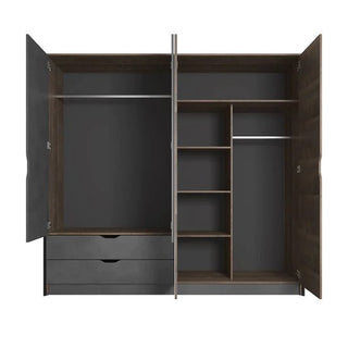 The CHOICEWARDROBE Nadir Grande Oak & Concrete Mirrored Wardrobe features a modern industrial design, 3 sliding doors, built-in drawers, multiple shelves, and hanging rods for versatile storage.