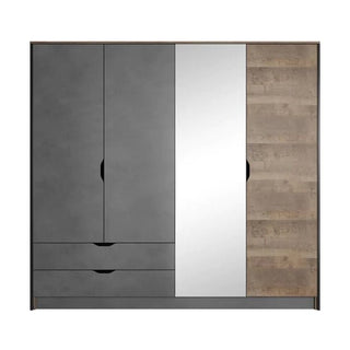 The CHOICEWARDROBE Nadir is a modern industrial 3-door sliding wardrobe in Grande Oak & Concrete, featuring mirrored panels and drawers for stylish storage.
