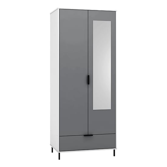Grey and white gloss two-door wardrobe with mirrored door and drawer, featuring black handles and modern metal legs.