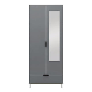 CHOICEWARDROBE Nadric grey and white gloss 2 door mirrored wardrobe – modern front view with drawer and metal legs