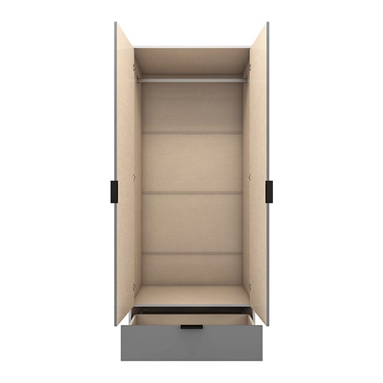Nadric 2 door wardrobe interior - open view showing hanging rail, shelves, and grey drawer.
