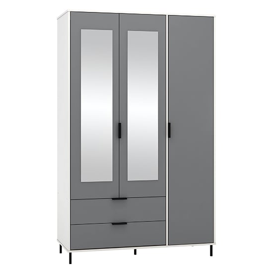CHOICEWARDROBE Nadric grey & white gloss 3 door mirrored wardrobe with drawers and metal legs