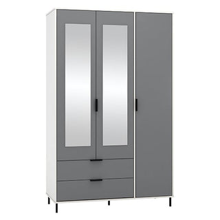The CHOICEWARDROBE Nadric Grey & White Gloss 3 Door Mirrored Wardrobe features two bottom drawers, two mirrored panels, black handles and sleek modern metal legs—perfect for contemporary bedroom storage.