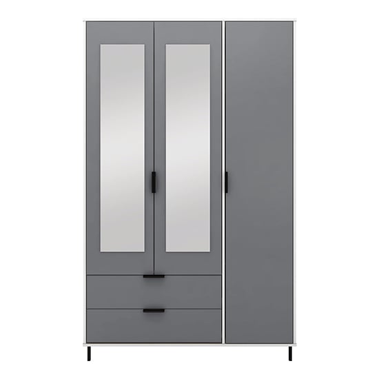 Grey and white gloss 3-door wardrobe with central mirror and 2 drawers