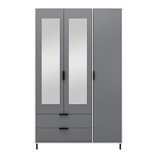 The CHOICEWARDROBE Nadric Grey & White Gloss 3 Door Mirrored Wardrobe with Drawers offers a modern storage solution, featuring two mirrored doors, two bottom drawers, black handles, and metal legs for a sleek look.