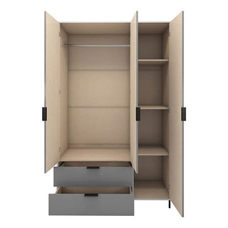 The CHOICEWARDROBE Nadric Grey & White Gloss 3 Door Mirrored Wardrobe features hanging space, two drawers, and four shelves. Its modern metal legs and gray-white finish create a sleek, contemporary storage solution for bedrooms.