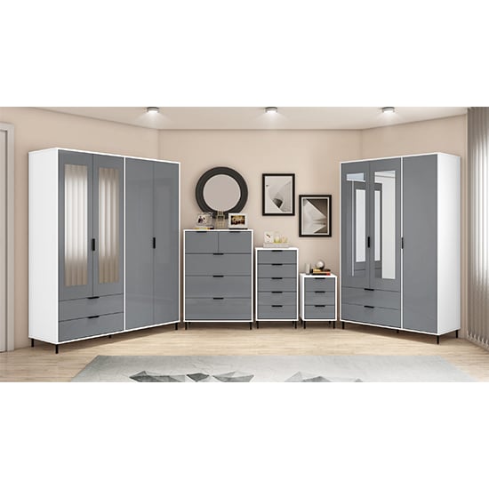Grey and white gloss 3 door mirrored wardrobe with drawers