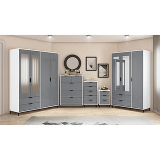 A modern bedroom features the CHOICEWARDROBE Nadric Grey & White Gloss 3 Door Mirrored Wardrobe with Drawers, paired with matching furniture, a round mirror above the dresser, three framed pictures, and spotlights illuminating the space.