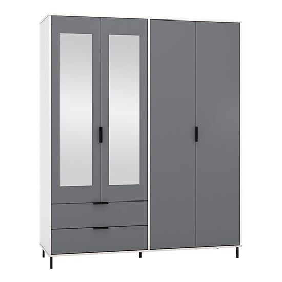 Grey and white 4 door mirrored wardrobe with drawers and metal legs | CHOICEWARDROBE