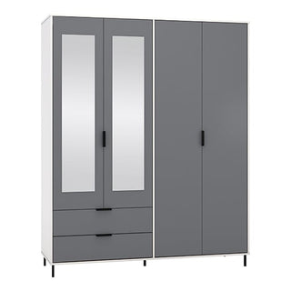 The CHOICEWARDROBE Nadric Grey & White Gloss 4 Door Mirrored Wardrobe features two full-length mirrored doors, two solid grey panels, two bottom drawers, sleek black handles, and short metal legs for a contemporary look.
