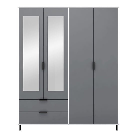 Grey & white gloss four-door wardrobe with two mirrored doors and two drawers, contemporary design.