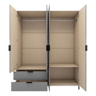 The CHOICEWARDROBE Nadric Grey & White Gloss 4 Door Mirrored Wardrobe with Drawers is open, showing two hanging rods, several shelves, and two gray drawers on the left, plus a wider bottom shelf on the right. The wardrobe is empty.