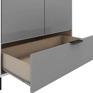 Nadric grey and white wardrobe with bottom drawer – soft-close storage drawer open
