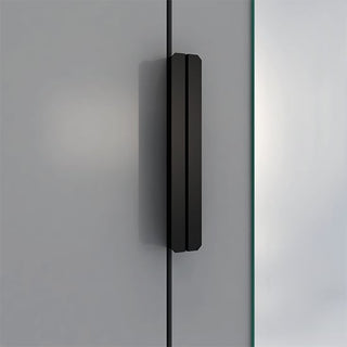 Close-up of modern black handle on Nadric grey and white gloss wardrobe door