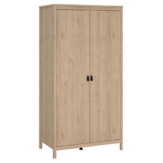 The CHOICEWARDROBE Nahlia Oak Wooden Wardrobe is a modern, minimalist 2-door wardrobe featuring a light oak finish, black handles, and a sleek Scandinavian-inspired design—ideal bedroom storage with a simple rectangular shape.