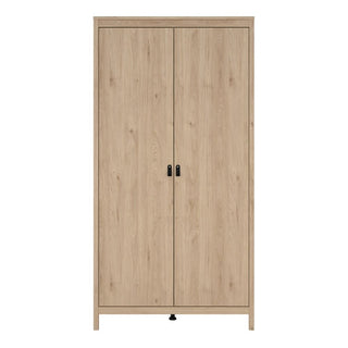 The CHOICEWARDROBE Nahlia Oak Wooden Wardrobe features a modern minimalist Scandinavian design with a light oak finish, two doors, black rectangular handles, and simple straight legs—perfect for stylish bedroom storage.