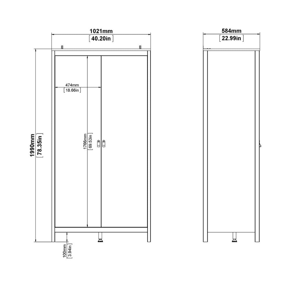 CHOICEWARDROBE Nahlia oak 2-door wardrobe technical drawing with dimensions 1990mm H x 1021mm W x 584mm D.