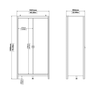 Front and side technical drawings of the CHOICEWARDROBE Nahlia Oak 2 Door Wardrobe show labeled dimensions: 1989mm high, 1021mm wide, and 584mm deep, with door sizes and black handle placements also detailed for modern minimalist bedroom storage.