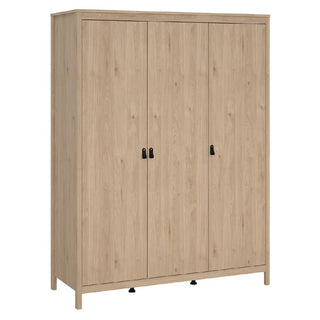 The CHOICEWARDROBE Nahlia Oak Wooden Wardrobe features a modern Scandinavian design with three doors, black handles, a sleek rectangular shape, four legs, and a smooth flat top in a light oak finish—perfect bedroom storage.