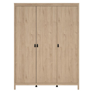 The CHOICEWARDROBE Nahlia Oak Wooden Wardrobe is a 3-door, Scandinavian-style storage piece with a light oak finish, black handles, and adjustable feet—perfect for adding modern elegance to any contemporary bedroom.