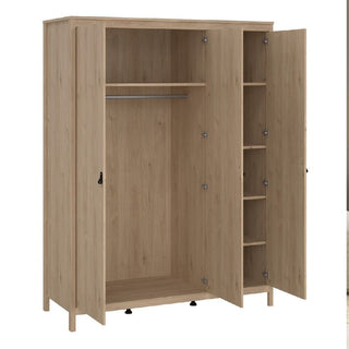 The CHOICEWARDROBE Nahlia Oak Wooden Wardrobe has three doors with black handles; two doors reveal a hanging rod and spacious compartment, while the third opens to five shelves, providing modern Scandinavian bedroom storage.
