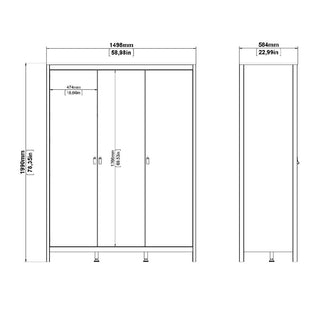 Technical drawing of the CHOICEWARDROBE Nahlia Oak 3 Door Wardrobe with black handles, showing front/side views and dimensions: 1498mm (W) x 584mm (D) x 1790mm (H), door width 474mm, labeled in mm/inches.