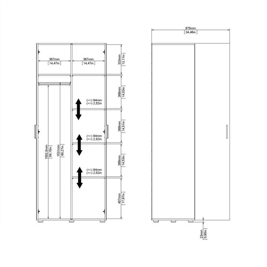 Perkin 2-door wardrobe dimensions: H 200.9cm, W 78.7cm, D 49.75cm