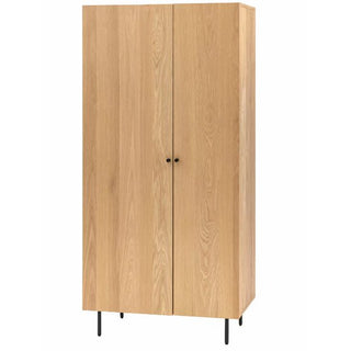 The CHOICEWARDROBE Nairo Natural Oak Wooden Wardrobe features 2 doors, small round handles, and stands on four black metal legs. Its modern Scandinavian design and natural oak finish bring a light, elegant touch to any room.
