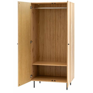 The CHOICEWARDROBE Nairo Natural Oak Wooden Wardrobe has two doors, a metal hanging rod near the top, central and bottom shelves, and is supported by sleek black metal legs for a modern Scandinavian look.