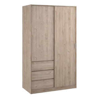 The CHOICEWARDROBE Nakou 2 Door Sliding Wardrobe with 3 Drawers in Jackson Hickory Oak Finish offers a modern, space-saving design with two sliding doors and three drawers on the left.